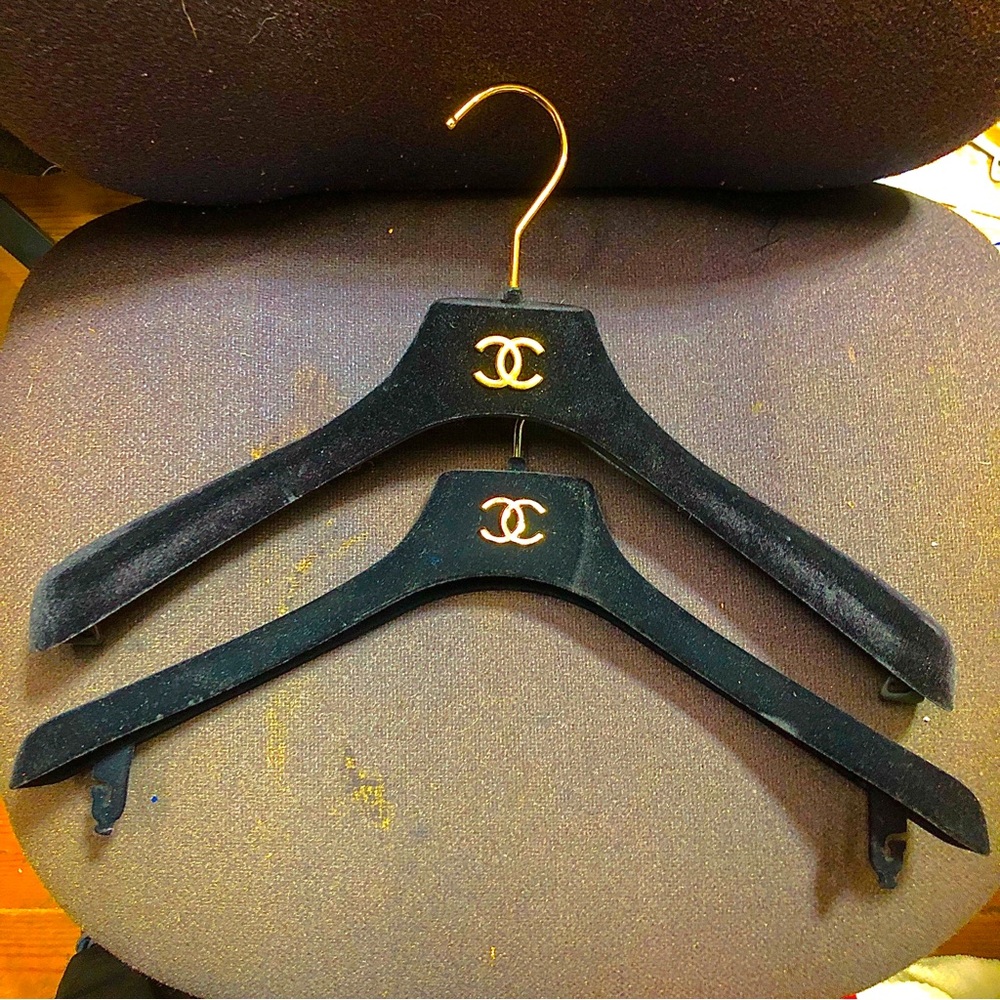 CHANEL Lot of Two Black Velvet Hangers with Gold Logo